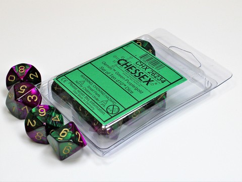 Würfelset: 10 Würfel mehrseitig Gemini® Green-Purple/gold Set of Ten d10s