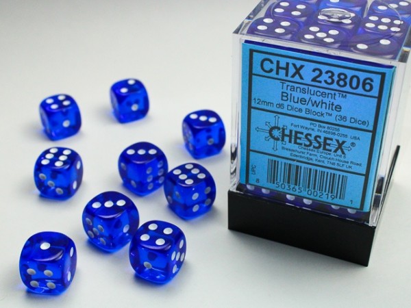 Würfelset: 36 Würfel 6-seitig 12mm Translucent Blue/white