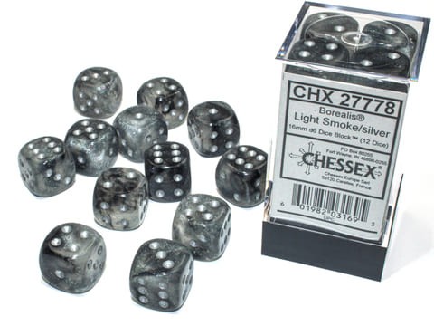 Borealis 16mm d6 Light Smoke/silver Luminary™ Dice Block™ (12 dice)