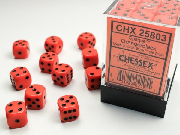Würfelset: 36 Würfel 6-seitig 12mm Opaque Orange/black