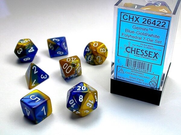 Würfelset: 7 Würfel mehrseitig Gemini Blue-Gold/white