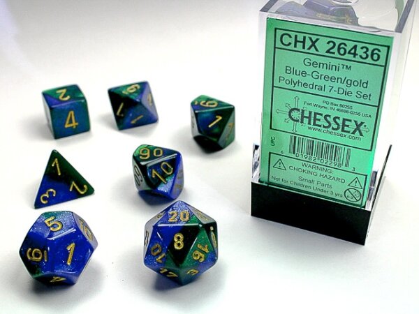 Würfelset: 7 Würfel mehrseitig Gemini Blue-Green w/gold