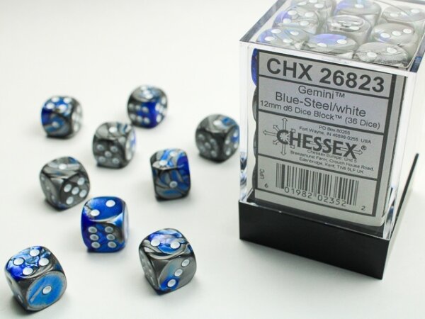 Würfelset: 36 Würfel 6-seitig 12mm Gemini Blue-Steel/white