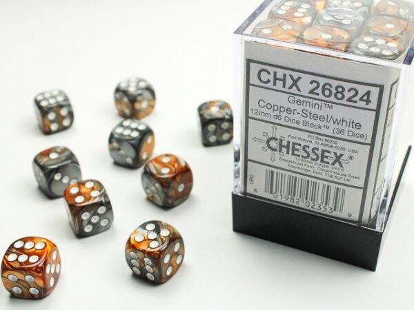 Würfelset: 36 Würfel 6-seitig 12mm Gemini Copper-Steel/wh.