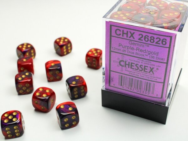 Würfelset: 36 Würfel 6-seitig 12mm Gemini Purple-Red/gold