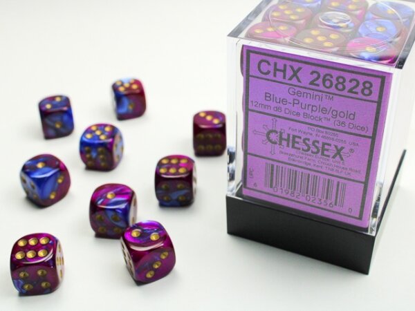 Würfelset: 36 Würfel 6-seitig 12mm Gemini Blue-Purple/gold