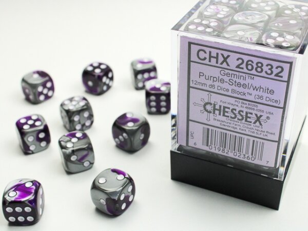 Würfelset: 36 Würfel 6-seitig 12mm Gemini Purple-Steel/white