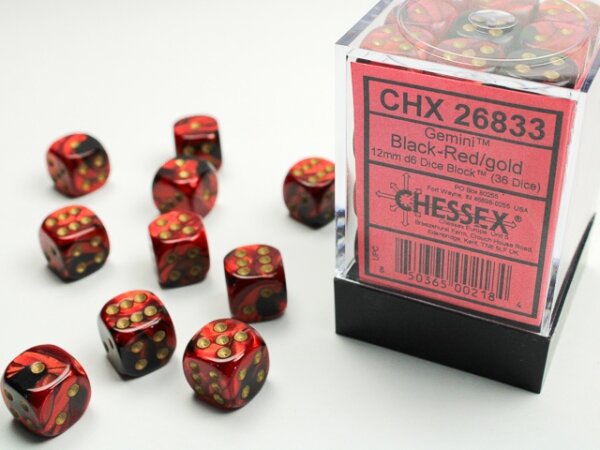 Würfelset: 36 Würfel 6-seitig 12mm Gemini Black-Red/gold