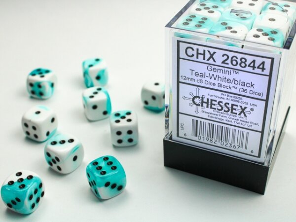 Würfelset: 36 Würfel 6-seitig 12mm Gemini White-Teal w/black