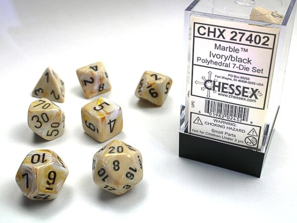 Würfelset: 7 Würfel mehrseitig Marble Ivory/black