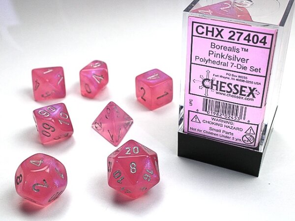 Würfelset: 7 Würfel mehrseitig Borealis Pink/silver
