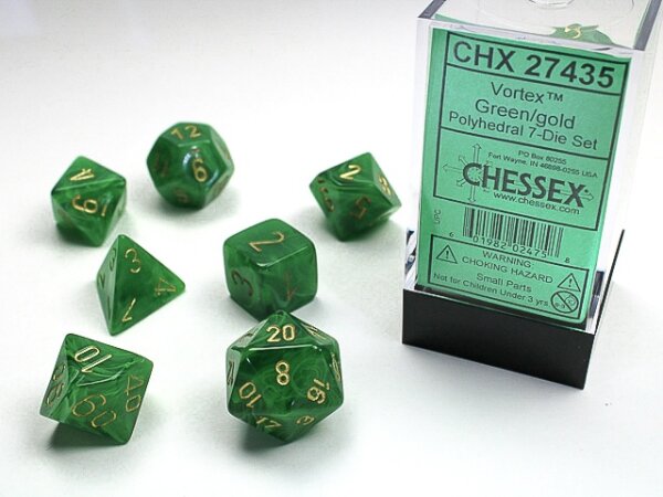 Würfelset: 7 Würfel mehrseitig Vortex Dice Green/gold