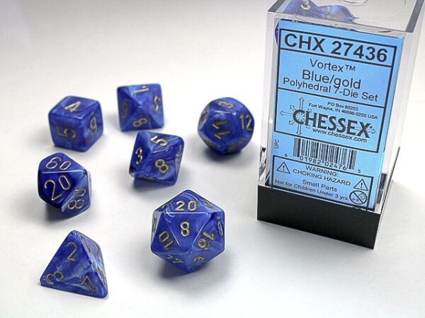 Würfelset: 7 Würfel mehrseitig Vortex Dice Blue/gold