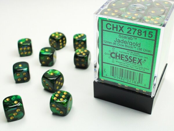 Würfelset: 36 Würfel 6-seitig Scarab Jade/gold