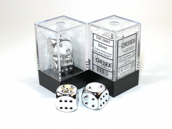 Würfel-Set: 2 Würfel sechseitig Farbe Metallic Silber (16mm)