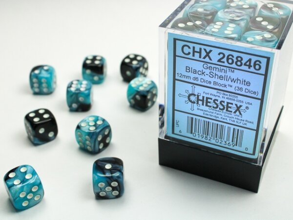 Würfelset: 36 Würfel 6-seitig 12mm Gemini Black-Shell white