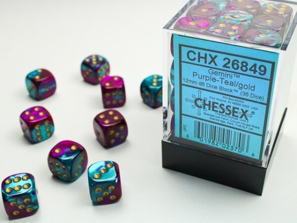 Würfelset: 36 Würfel 6-seitig 12mm Gemini Purple-Teal w/gold