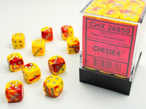 Würfelset: 36 Würfel 6-seitig 12mm Gemini Red-Yellow silver