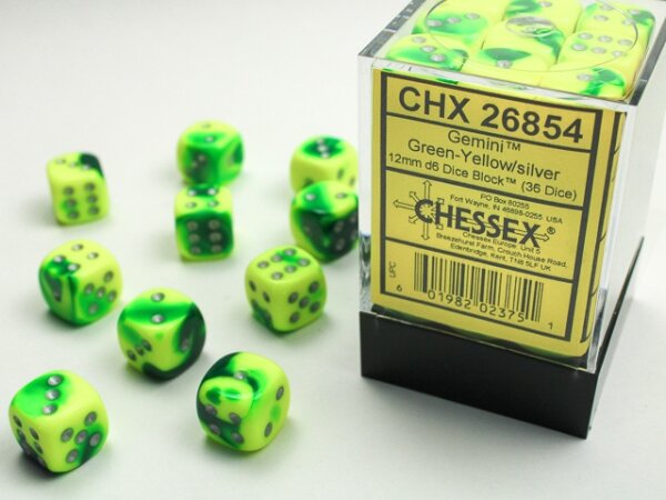 Würfelset: 36 Würfel 6-seitig 12mm Gemini Green-Yellow silve