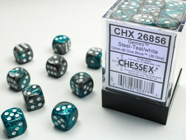 Würfelset: 36 Würfel 6-seitig 12mm Gemini Steel-Teal white