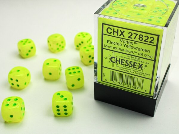 Würfelset: 36 Würfel 6-seitig Vortex Electric Yellow w/Green