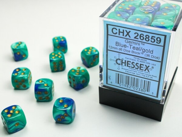 Würfelset: 36 Würfel 6-seitig 12mm Gemini Blue-Teal w/gold