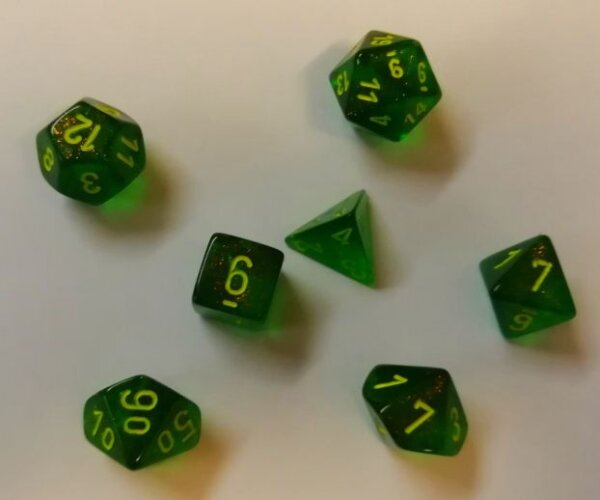 Würfelset: 7 Würfel mehrseitig Borealis Marple Green w/yello