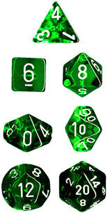 Würfelset: 7 Würfel mehrseitig Translucent Green w/white