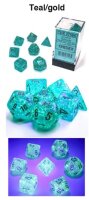 Würfelset: 7 Würfel mehrseitig Borealis Teal/gold