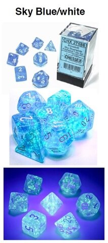 Würfelset: 7 Würfel mehrseitig Borealis Sky Blue/white