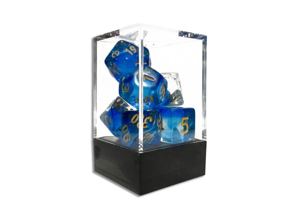 Würfelset: 7 Würfel mehrseitig - zweifarbig transparent (Blau)