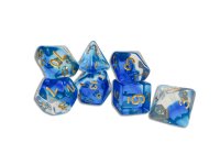 Würfelset: 7 Würfel mehrseitig - zweifarbig transparent (Blau)