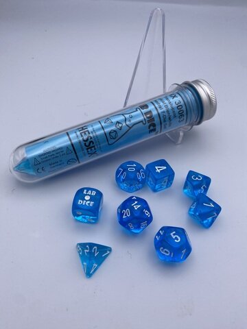 Würfelset: 7 Würfel mehrseitig Transculent Tropical Blue/white (LAB DICE Serie 7)
