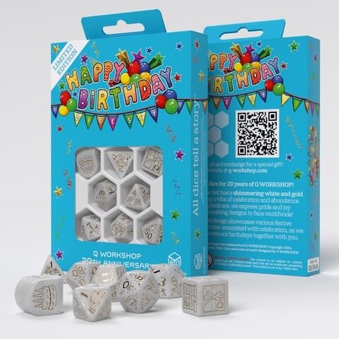 Würfelset: 8 Würfel mehrseitig Q WORKSHOP 20 years: Happy Birthday Dice Set