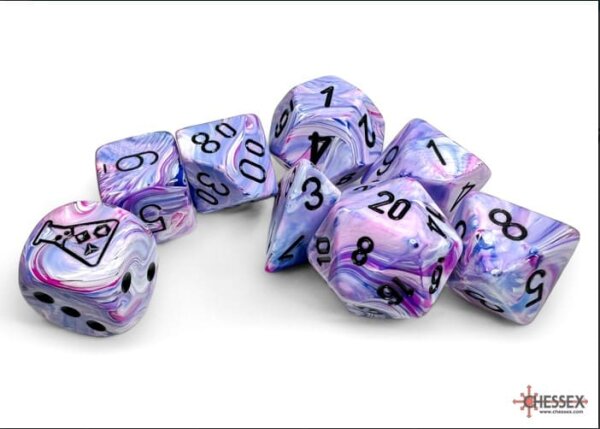 Festive Hydrangea/black Polyhedral 7-Dice Set (with bonus die)