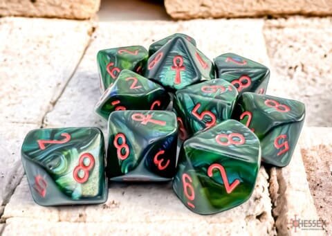 Würfelset: 10 Würfel mehrseitig Scarab® Jade/red Ankh