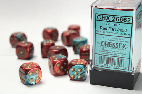 Würfelset: Gemini 16mm W6 Red-Teal/gold Würfel Block (12)