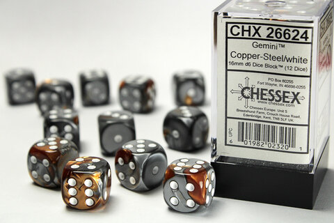 Würfelset: Gemini 16mm W6 Copper-Steel/white Würfel Block (12)