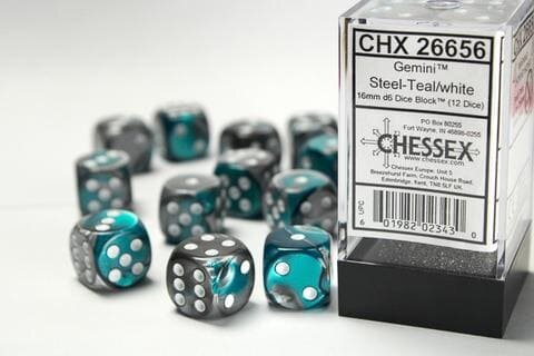 Würfelset: Gemini 16mm W6 Steel-Teal/white Würfel Block (12)