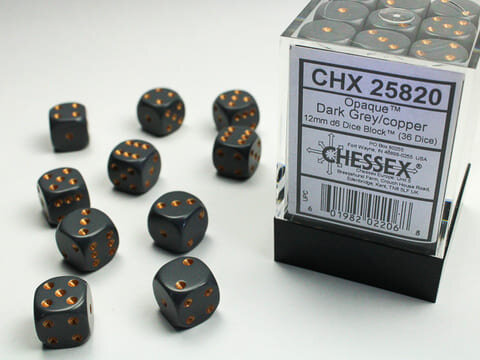 Würfelset: 36 Würfel, Opaque 12mm d6 Grey/copper Block