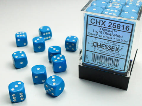 Würfelset: 36 Würfel, Opaque 12mm d6 Light Blue/white Block