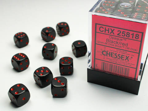 Würfelset: 36 Würfel, Opaque 12mm d6 Black/red Block