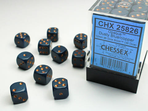 Würfelset: 36 Würfel, Opaque 12mm d6 Dusty Blue/copper Block