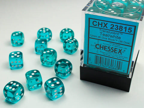 Würfelset: 36 Würfel, Translucent 12mm d6 Teal/white Block
