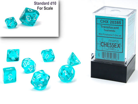 Würfelset: 7 Würfel mehrseitig Translucent Mini-Polyhedral Royal Teal/white