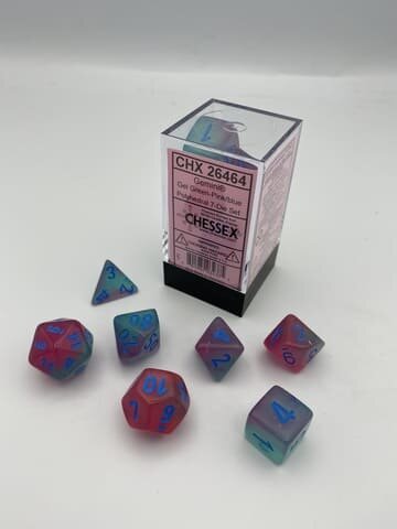 Würfelset: 7 Würfel mehrseitig Gel Green-Pink/blue Luminary