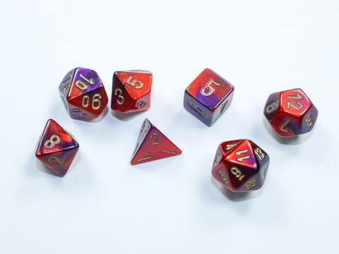 Würfelset: 7 Würfel mehrseitig Gemini Mini-hedral™ Purple-Red/gold