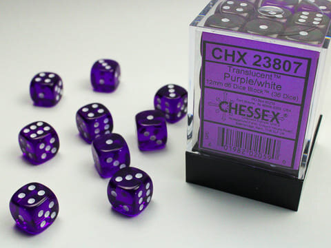 Würfelset: 36 Würfel, Translucent 12mm d6 Purple/white Block