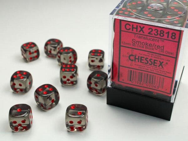 Würfelset: 36 Würfel, Translucent 12mm d6 Smoke/red Dice Block
