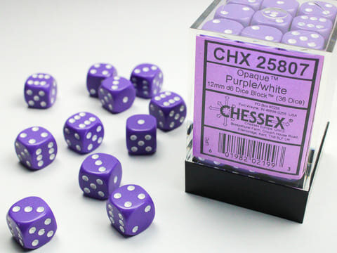 Würfelset: 36 Würfel sechsseitig Opaque 12mm d6 Purple/white Dice Block